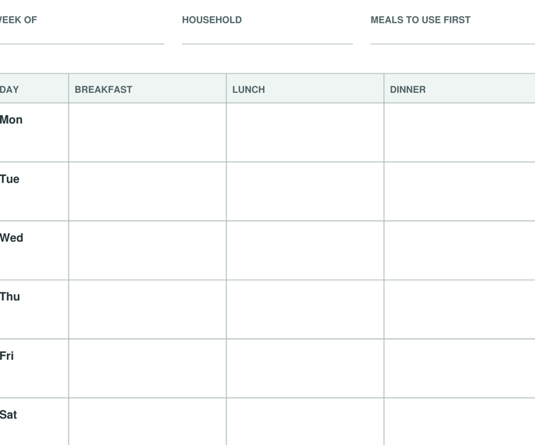 Actual PDF preview of the weekly breakfast, lunch and dinner planning sheet