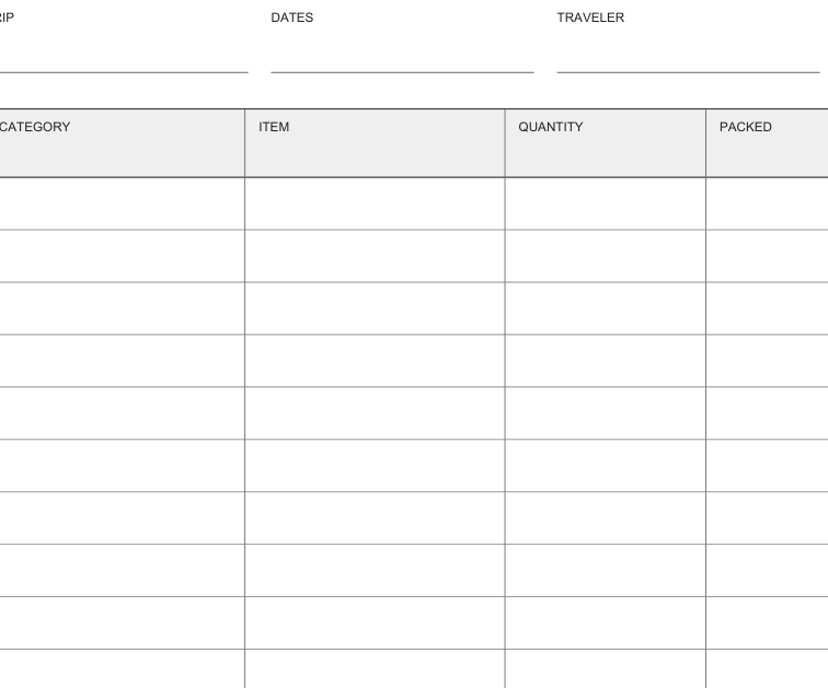 Preview of Weekend bag packing sheet
