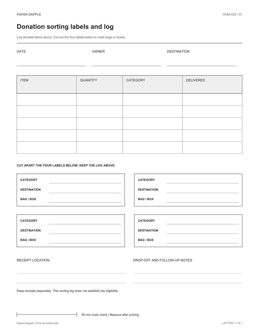 Preview of Donation sorting labels and log