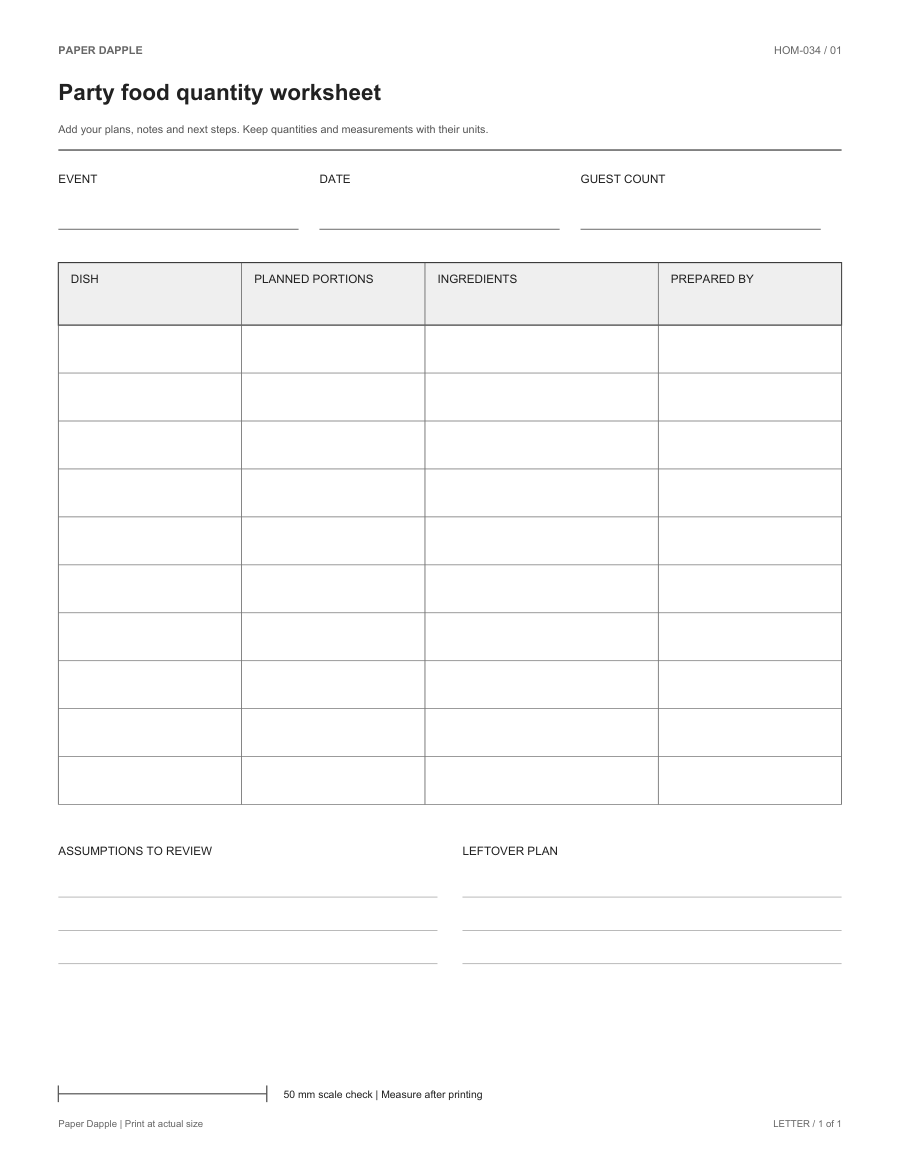 Preview of Party food quantity worksheet