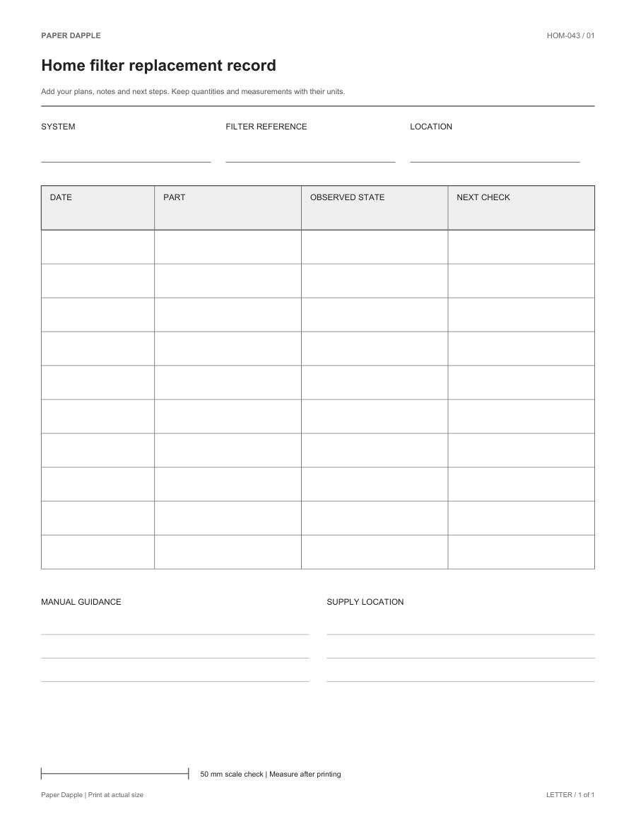 Preview of Home filter replacement record