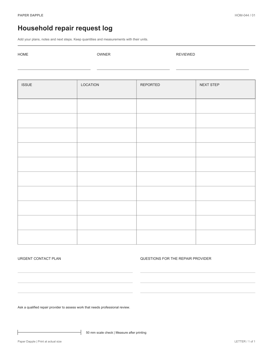 Preview of Household repair request log