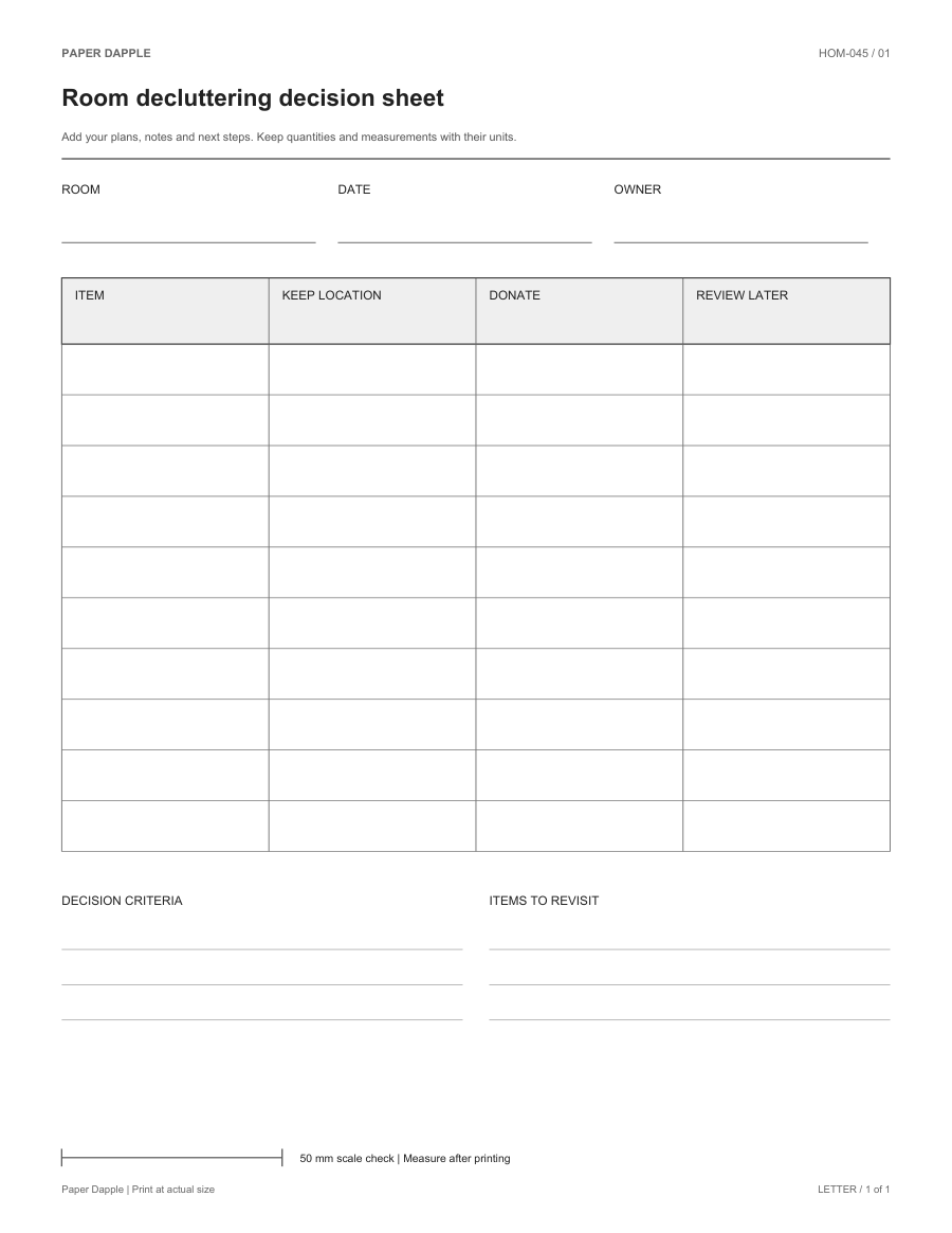 Preview of Room decluttering decision sheet