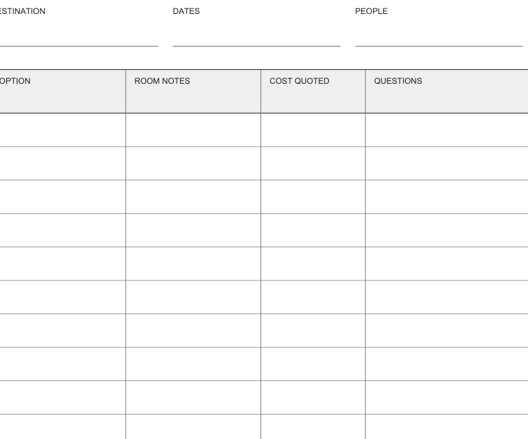 Preview of Accommodation comparison worksheet