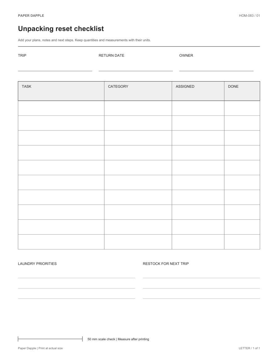 Preview of Unpacking reset checklist
