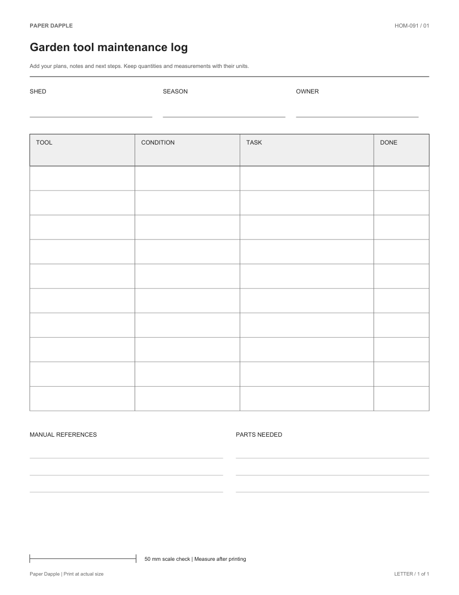 Preview of Garden tool maintenance log