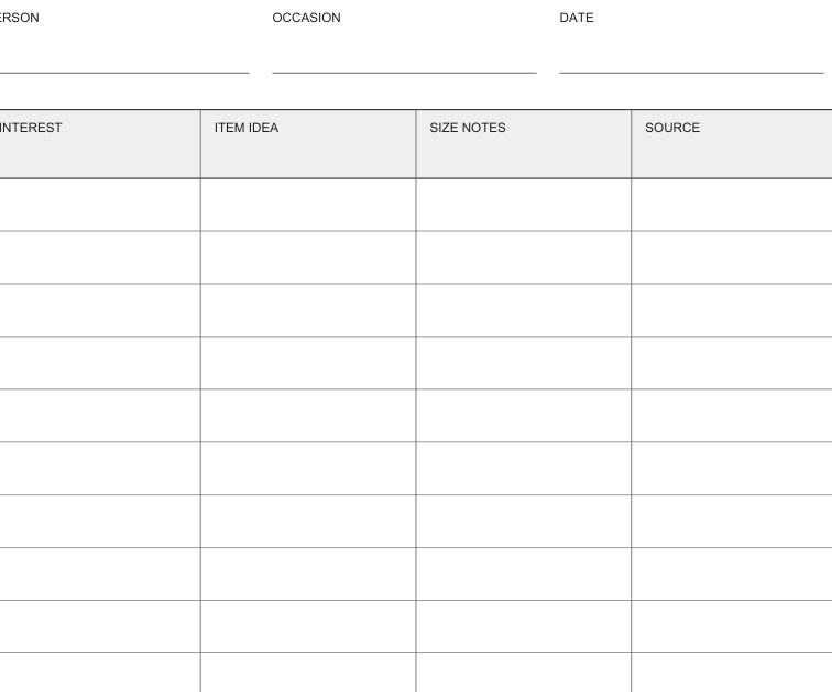 Preview of Gift wish-list interview sheet