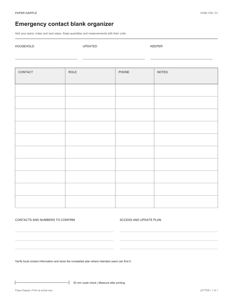 Preview of Emergency contact blank organizer