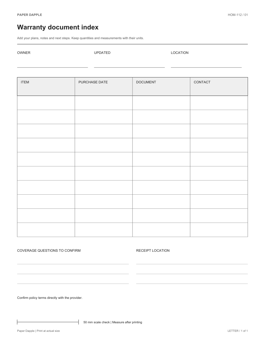 Preview of Warranty document index