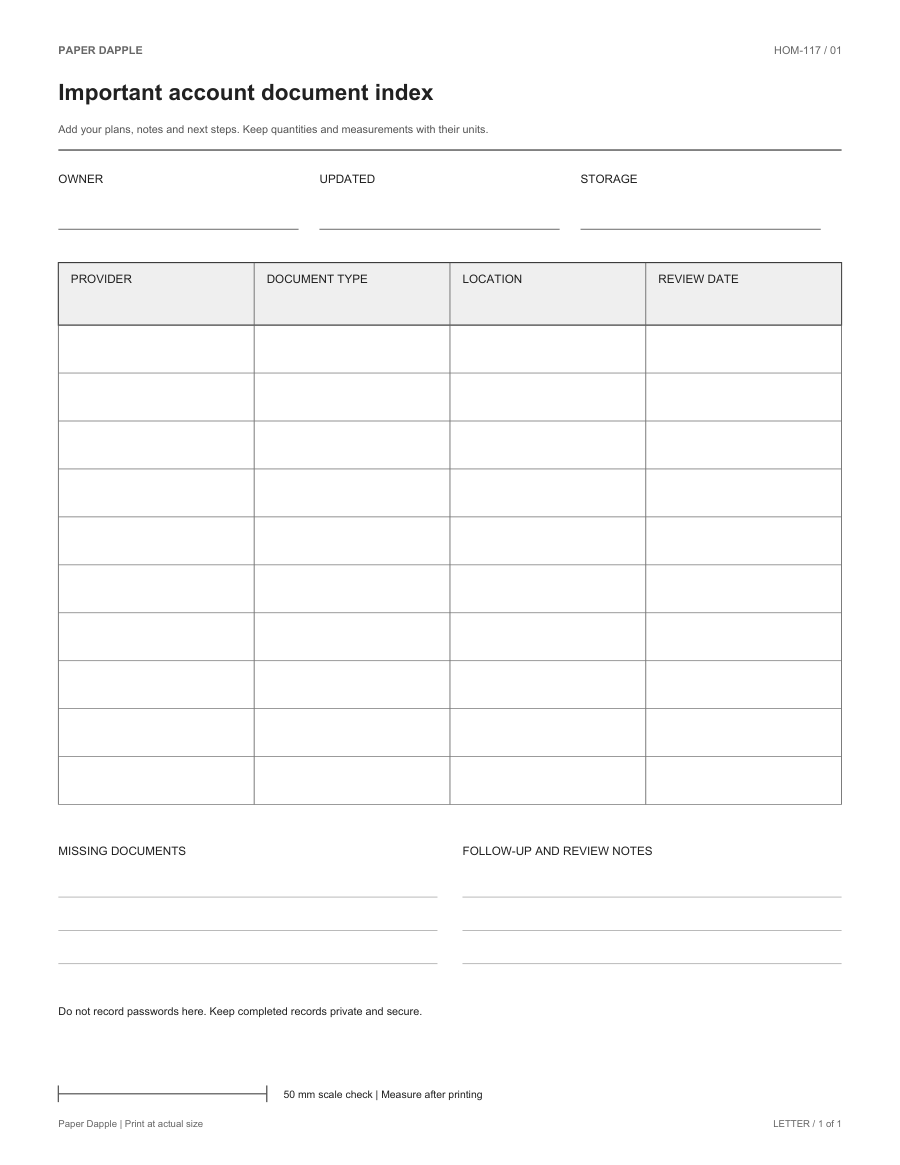 Preview of Important account document index