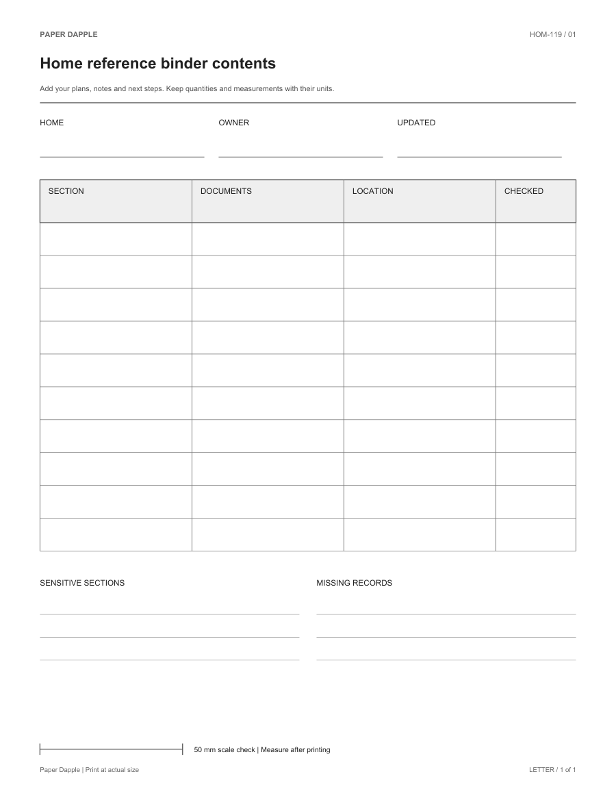 Preview of Home reference binder contents