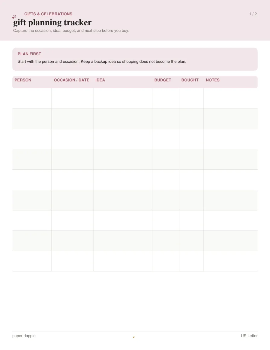 Preview of Gift planning tracker