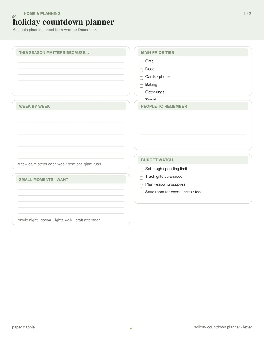 Preview of Holiday Countdown Planner