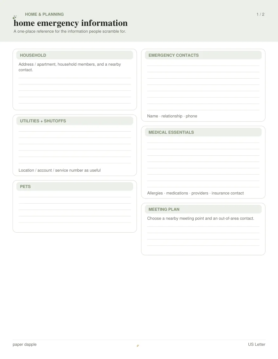 Preview of Home emergency information