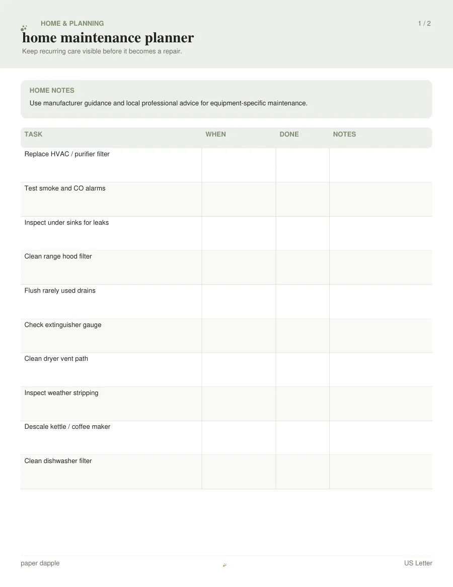 Preview of Home maintenance planner