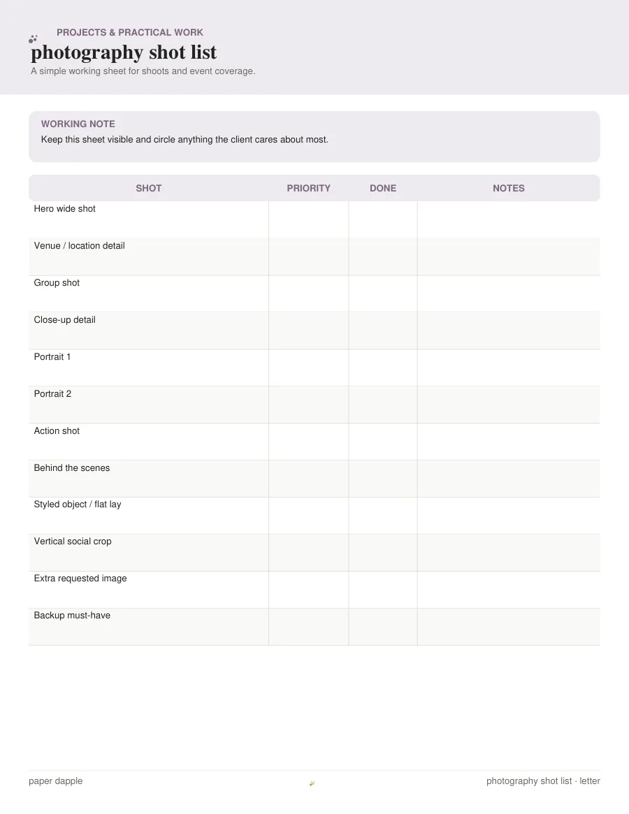Preview of Photography Shot List