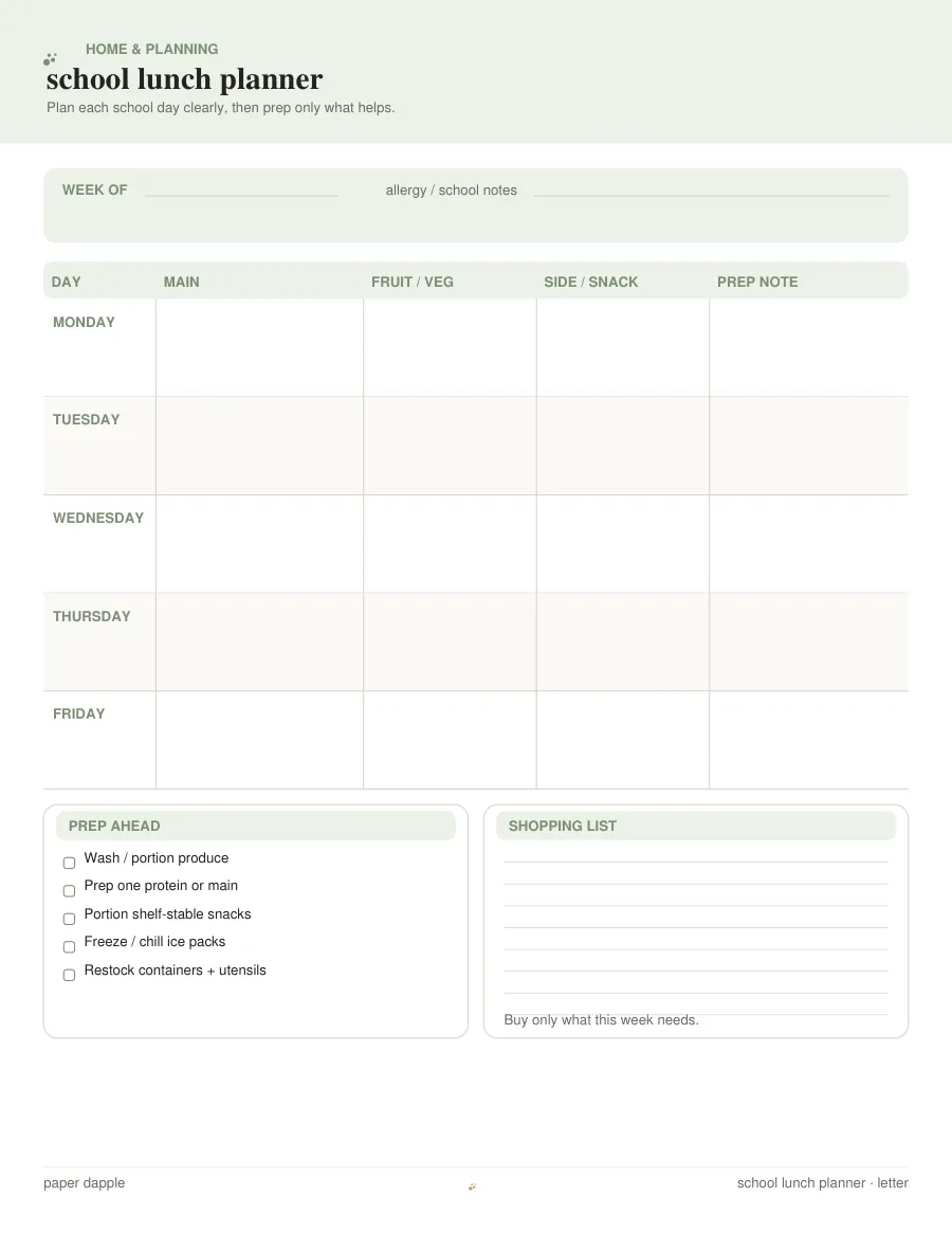 Preview of School Lunch Planner