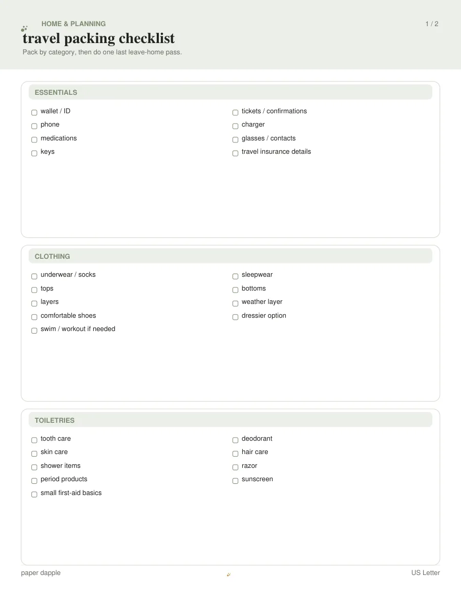 Preview of Travel packing checklist