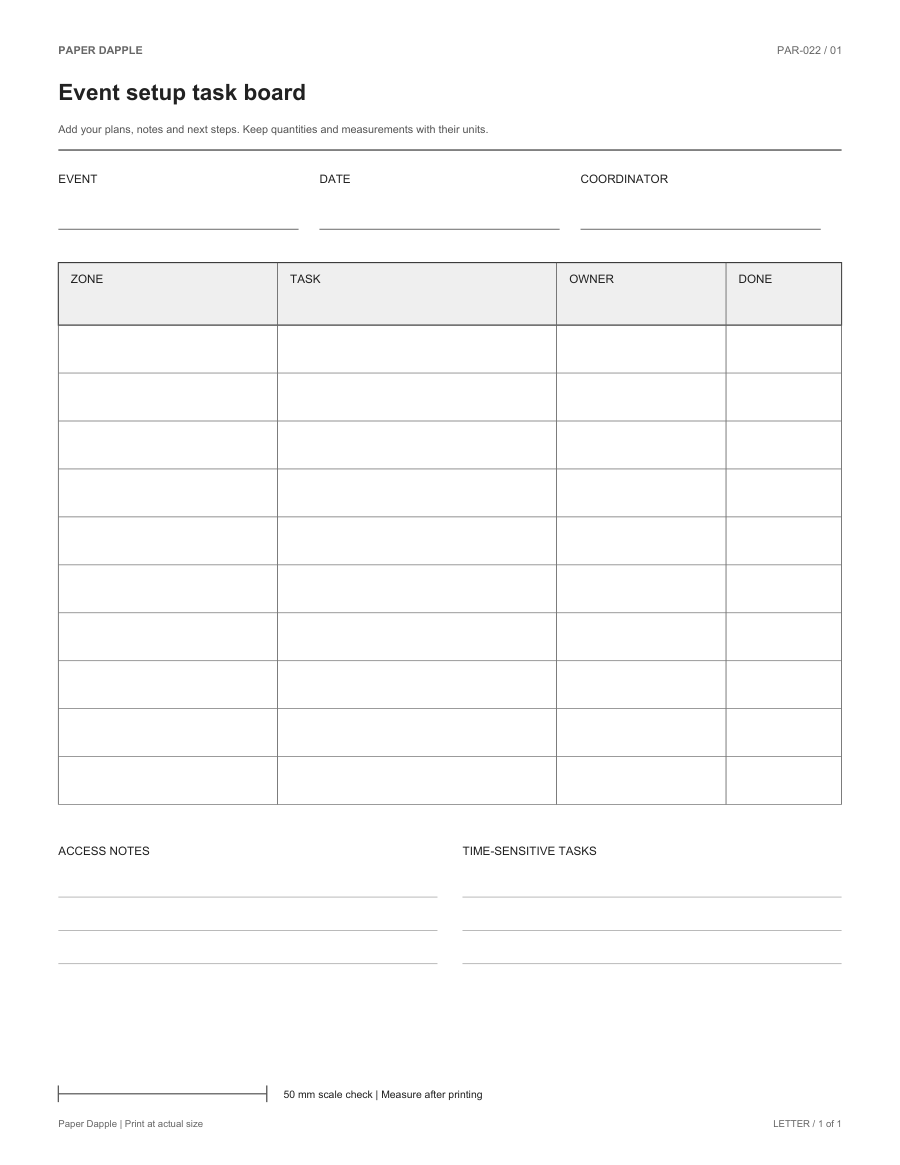 Preview of Event setup task board