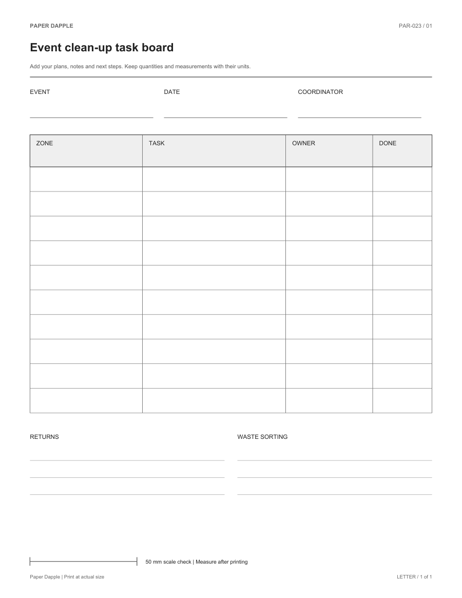 Preview of Event clean-up task board