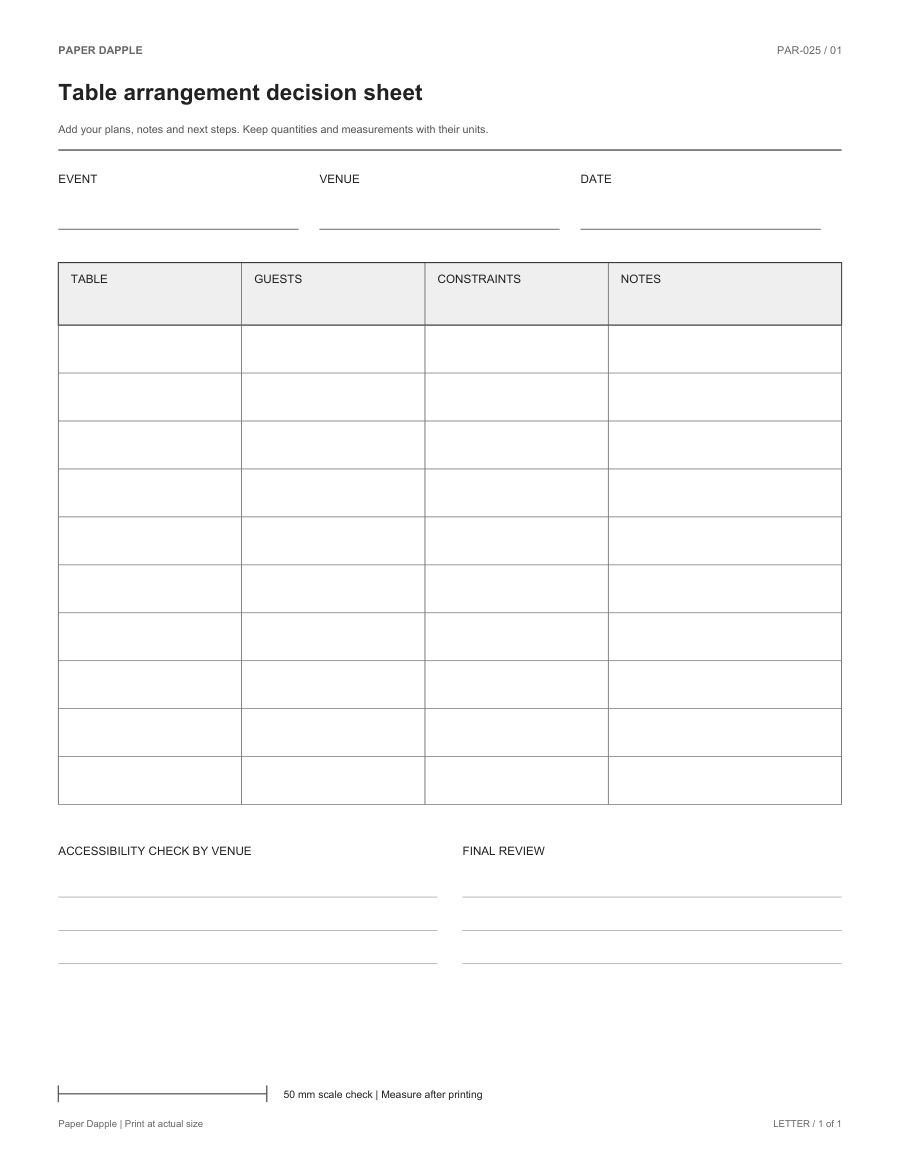 Preview of Table arrangement decision sheet