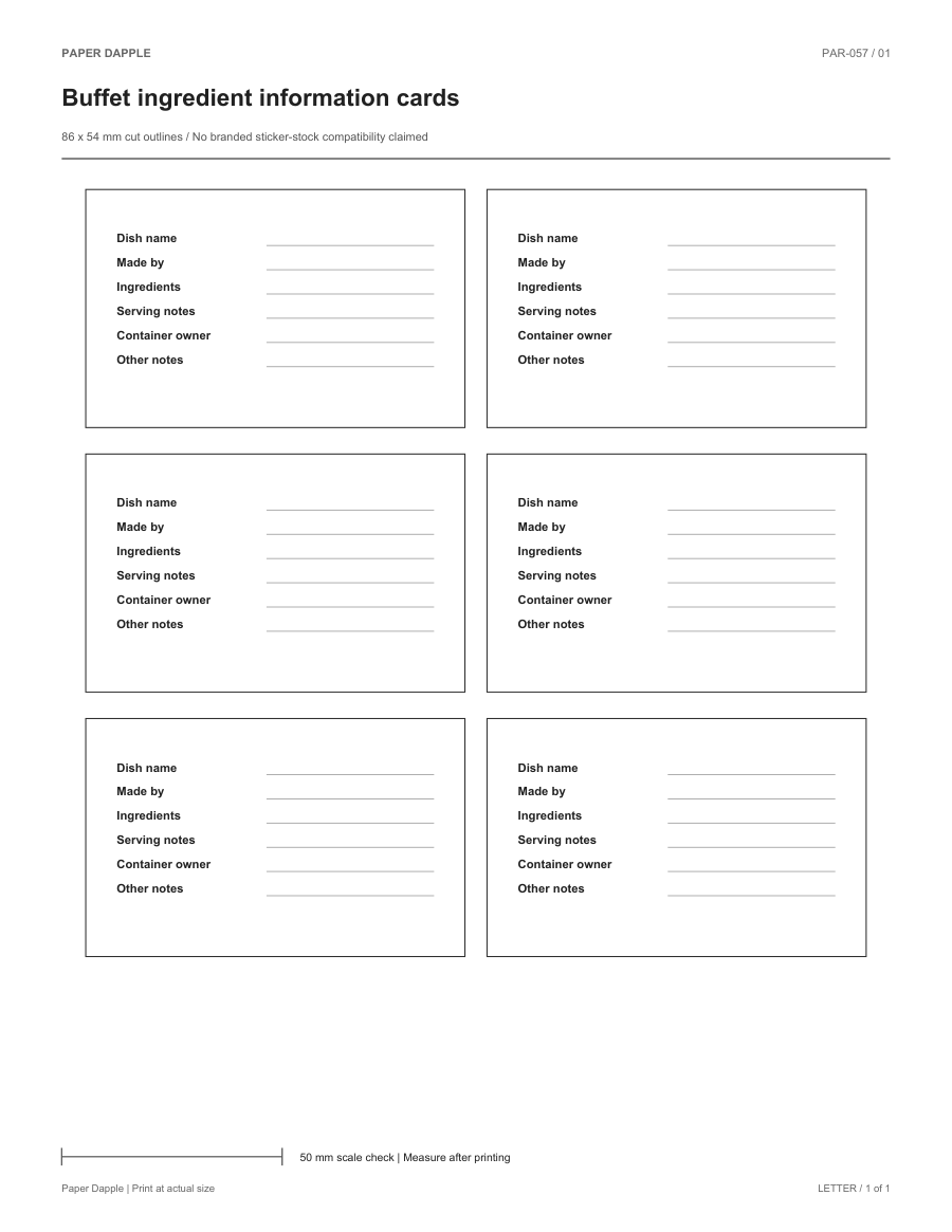 Preview of Buffet ingredient information cards