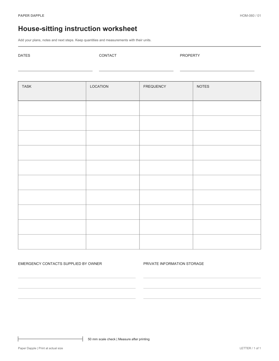 Preview of House-sitting instruction worksheet