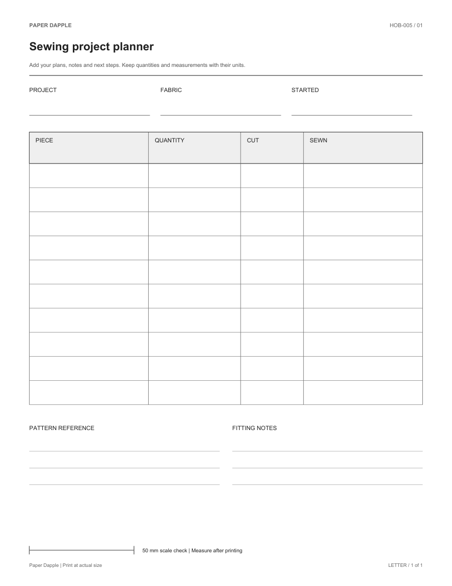 Preview of Sewing project planner