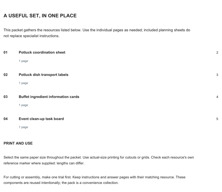 Preview of Potluck coordination paper kit