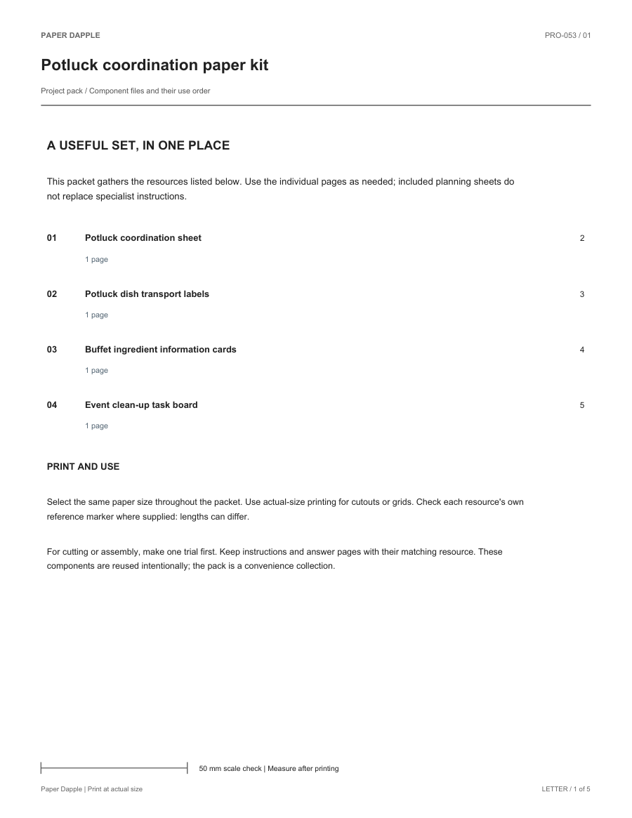 Preview of Potluck coordination paper kit