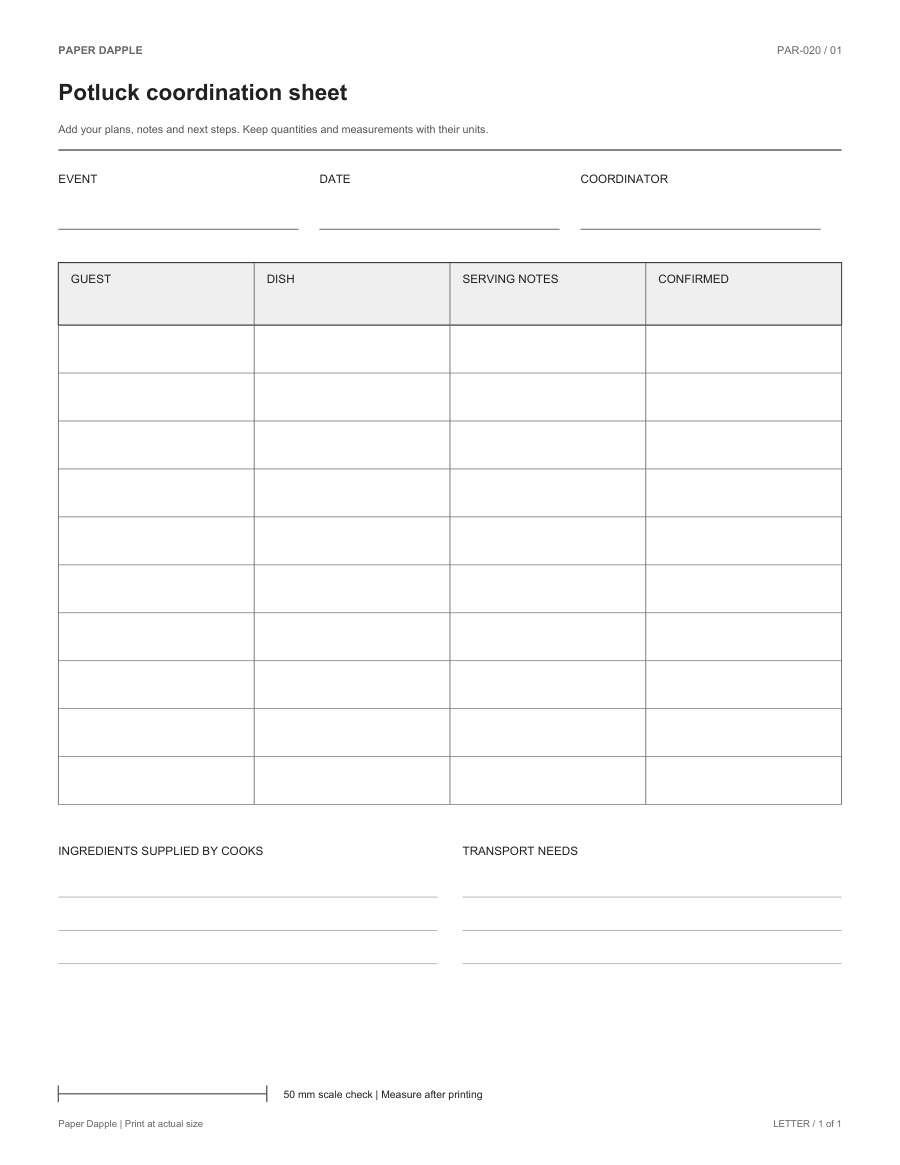 Preview of Potluck coordination sheet