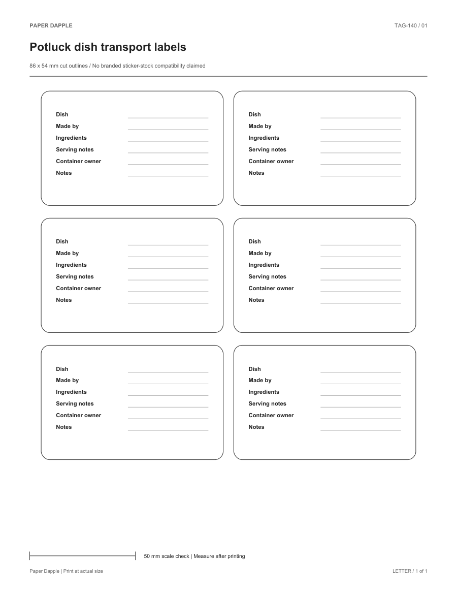 Preview of Potluck dish transport labels